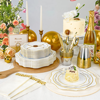 Scalloped Gold Rim 350pcs Plastic Dinnerware Set Disposable Party Plates With Napkins Cups and Cutlery for Thanksgiving Wedding