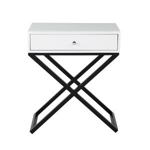 Koraldo 23W White Wooden <b>Side</b> <b>Table</b> With Glass Top <b>Drawer</b> Metal Cross Base Nightstand - Product Image 3