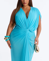 Robe de soirée longue grande taille en maille turquoise, décolleté en V profond, manches drapées torsadées, dos croisé, découpes, fente haute, vente en gros personnalisée