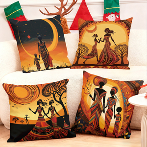 Bantal hias seni suku Afrika yang menampilkan pemandangan matahari dan bulan yang berwarna-warni serta siluet budaya. - Product Image 1