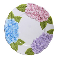 Service de table en céramique de qualité alimentaire, style européen, luxe léger, avec motif d'hortensia 3D en relief et peinture sous glaçure, comprenant assiettes rondes et bols, pour la maison