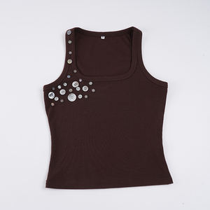 Camiseta sin mangas de punto acanalado transpirable para mujer con botones cosidos a mano, chaleco informal de verano de elastano/poliéster - Product Image 2