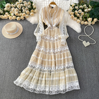 Robe longue décontractée pour femmes, élégante, vert clair, dentelle, patchwork, manches longues, coupe évasée, pour les vacances, tenue quotidienne, robes pour femmes, élégante
