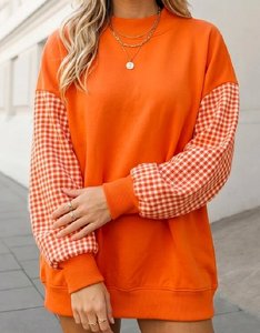 Custom <strong>Women's</strong> <strong>Christmas</strong> Mock Neck Patchwork Gingham Sleeve Gingham Letter Applique Loose Drop Shoulder <strong>Sweatshirt</strong> Manufacturer - Product Image 5