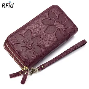 Customized 2024 New Phone Bag Money Clip Women's Double Zipper Wallet RFID Genuine Leather Large Capacity Long Style wallet