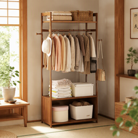 Porte-vêtements autoportant en bambou avec étagères de rangement, penderie ouverte, multifonctionnel et simple pour salon et chambre