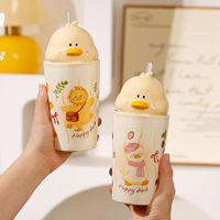 Mug en céramique Lelyi avec couvercle, motif canard jaune créatif et mignon, tasse à café avec paille, idéal pour la maison, cadeau d'anniversaire