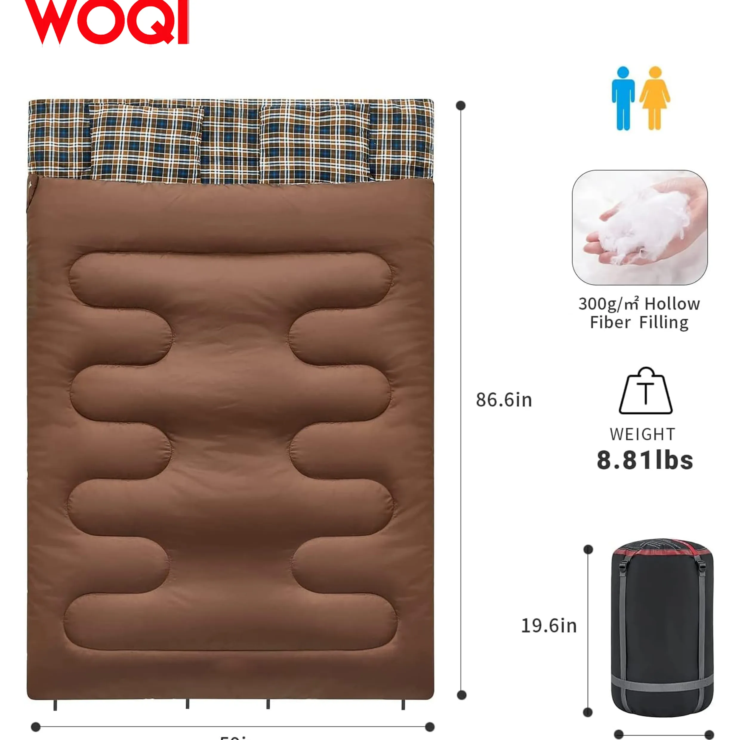 WOQI sac de couchage double couche léger et chaud trois saisons avec 2 oreillers, adapté au camping, au sac à dos et à la randonnée