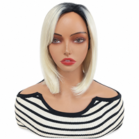 Perruque Bob Courte Droite Synthétique Sans Colle Blond Platine Racines Foncées Ombrées Raie Latérale Effet Superposé Naturel pour Femme