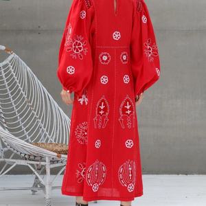 Robe élégante en coton et lin personnalisable, col rond, style décontracté, manches longues, robe midi d'été pour femmes - Product Image 2