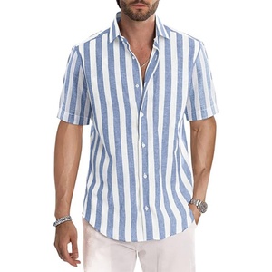 Camisas de Vestir Casuales y Elegantes para Hombre, de Manga Corta, con Estampado de Rayas, de Algodón, para Vacaciones, con Logotipo Personalizado ODM, Transpirables, con Cuello Alto - Product Image 3