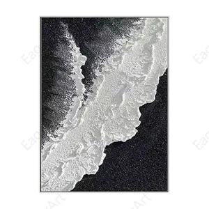 100% Handpainted Black White Seawave 3D Texture Thick Modern Abstract Wall Art Hand Relief Oil Painting Canvas Handmade