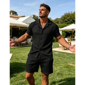FOXA Mens Velour Shirt And Shorts Set Short Sleeve Button <b>Down</b> Casual Outfit Breathable Polyester 2 Piece - Product Image 2