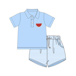 Conjuntos de ropa para niños pequeños BSSO1966, diseño personalizado, con estampado de gansos y rayas azules, venta al por mayor, conjunto de manga corta para niños pequeños. - Product Image 4