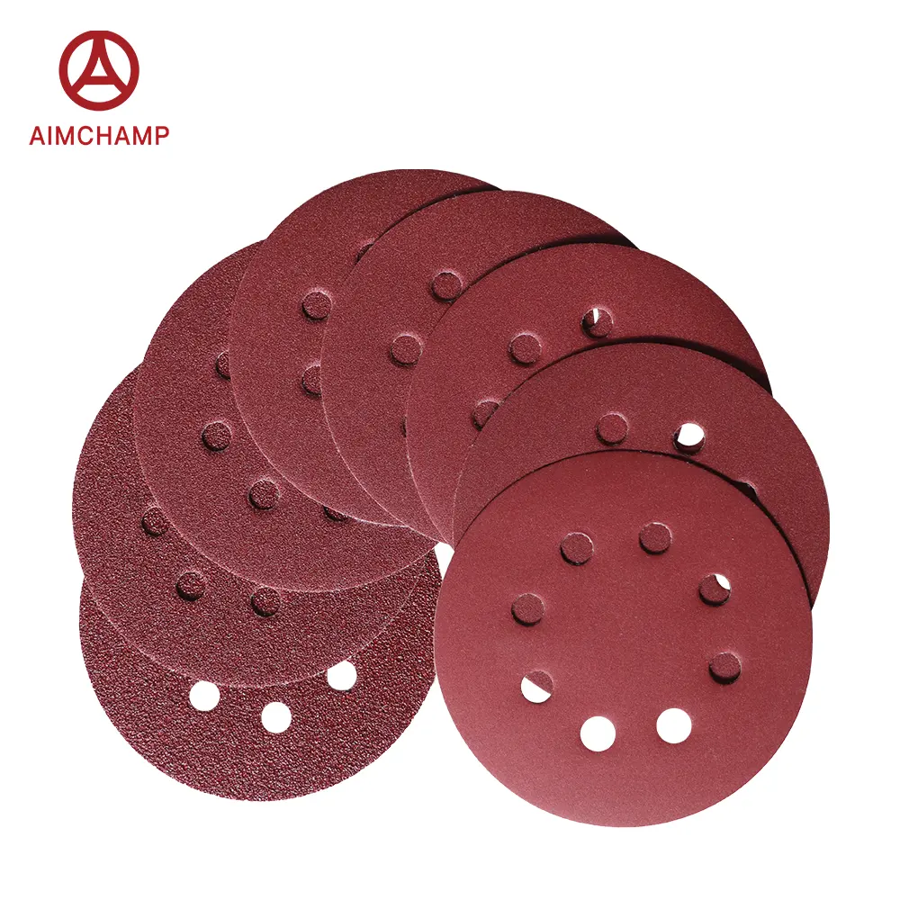 Aimchamp กระดาษทรายอะลูมิเนียมออกไซด์สีแดง5/6/7/9นิ้ว0/6/8/15/17หลุมเบ็ดและห่วงทรงกลมแผ่นขัดสำหรับไม้