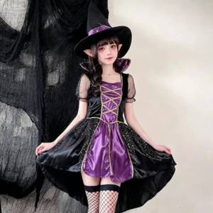 Disfraz de Halloween para Adultos MS, Vestido Esponjoso con Bloques de Color Morado y Negro, Estilo Dulce y Genial, Traje de Bruja de Magia Oscura para Fiesta y Actuación - Product Image 2