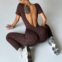 Combinaison de yoga léopard personnalisée avec logo, une pièce, manches courtes, dos nu, unitard moulant pour femme, tenue de sport pour la gym et l'entraînement