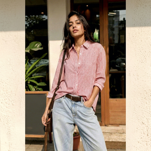 Chemise rayée à manches longues boutonnée, coupe ample, décontractée, avec poches, en coton et bambou, taille naturelle, col rabattu - Product Image 1
