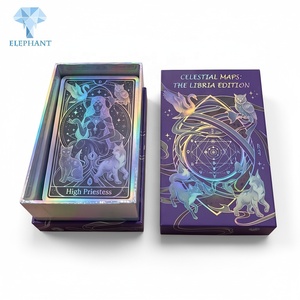 Caja Rígida de Lujo con Tapa y Base Personalizadas con Diseño de Elefante, Papel Holográfico Láser Morado, Juego de Cartas del Tarot - Product Image 3
