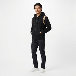 Sudadera con capucha negra con cremallera para hombre, diseño de bloques de color y patrón a cuadros en los hombros, para otoño - Product Image 3