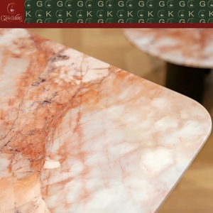 Table rectangulaire en marbre de luxe moderne GOLDKING pour salle à manger, plateau veiné rose, base blanche sculptée, fabrication sur mesure, directement de l'usine - Product Image 5