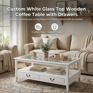 <span class=keywords><strong>Table</strong></span> <span class=keywords><strong>basse</strong></span> de haute qualité de style <span class=keywords><strong>scandinave</strong></span> moderne <span class=keywords><strong>avec</strong></span> cadre en bois massif et plateau en verre <span class=keywords><strong>avec</strong></span> tiroirs - Product Image 1