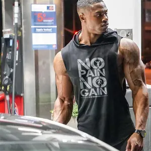 Men's Sport Sleeveless Gym Hoodie Cut Off T Shirt Stringer Tank Top Bodybuilding Muscle Hood Custom Gym Singlets