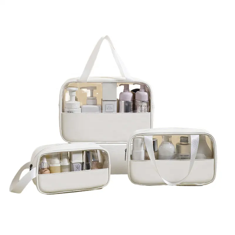 Yüksek kaliteli PVC su geçirmez taşınabilir seyahat özel fermuar yıkama çanta temizle şeffaf moda lady kozmetik çanta seti