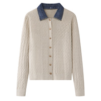 Cardigan en tricot torsadé à col en jean pour femme, pull à manches longues à faux boutonnage deux pièces pour l'automne 2609-33b