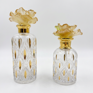 Clear Crystal Glass Cylinder Perfume <b>Bottle</b> with Engraved Gold <b>Stopper</b> Lid and Embossed Pattern Crystal Coast - Product Image 1