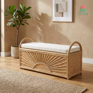 Nhat Minh Rattan <b>Storage</b> Bench With <b>Cushion</b> Tropical Design Multifunctional Kids Furniture - Product Image 3