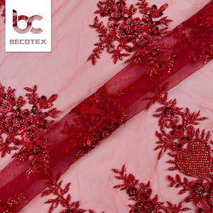 Luxury French Red Beads Tulle <strong>Lace</strong> <strong>Fabric</strong> with <strong>Heavy</strong> Beaded Embroidery Eco-Friendly Mesh <strong>Lace</strong> for Bridal Wedding Dresses - Product Image 5