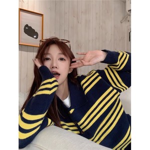 Automne hiver femmes <span class=keywords><strong>Vintage</strong></span> <span class=keywords><strong>pull</strong></span> américain rétro couleur bloc rayé à manches longues surdimensionné lâche anti-âge tricots - Product Image 4