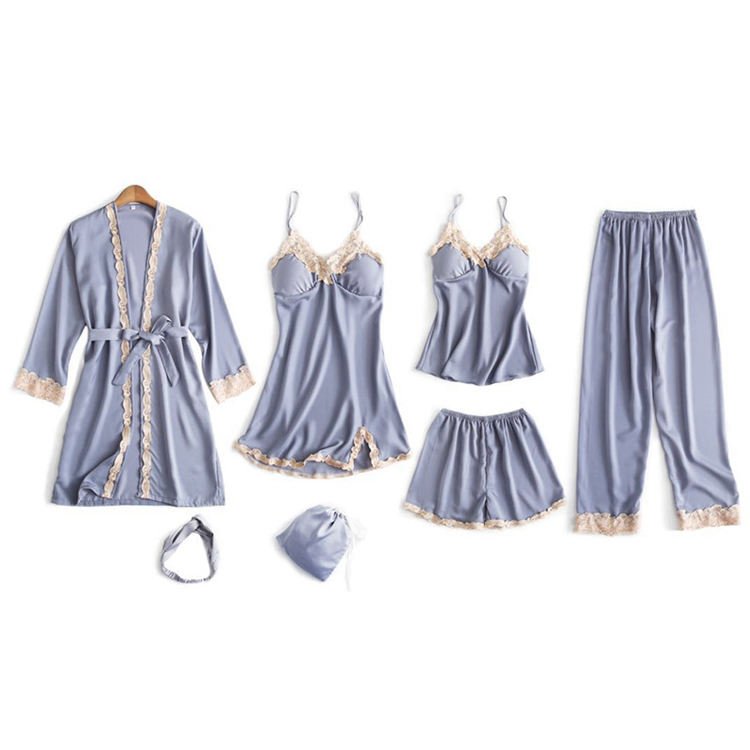 New Pijama Women Silk Pajamas Se Lounge Pyjama With Chest Pads 7 Pieces Sets Satin Sleepwear Silk Embroidery Night Suit Wear 
