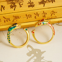 Bague en or émail de Style chinois femmes hommes réglable ouvert couleur or Dragon Couple anneaux