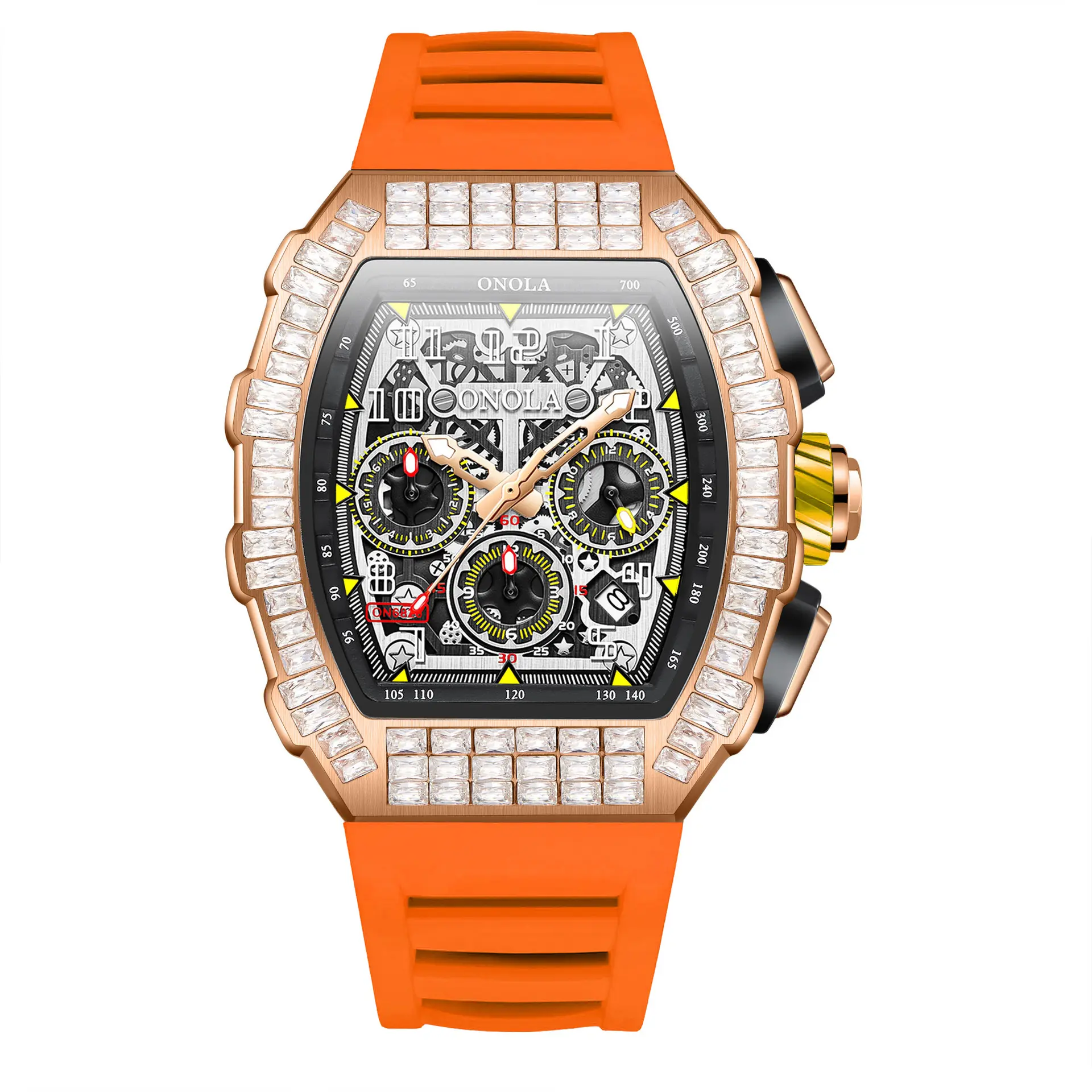 Fashion full diamond Oluona/ONOLA popular multi-functional waterproof quartz men's watch silicone band sports watch