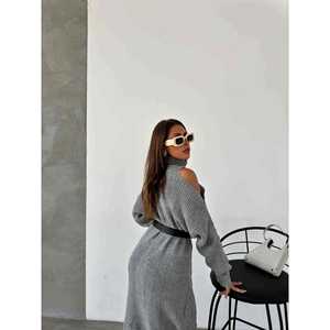 Vestido de punto con cinturón gris S, casual, de manga larga, cuello alto y hombros descubiertos - Product Image 3