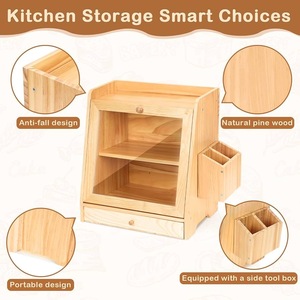 Kitchen bamboo and wood bread <b>box</b>, double-layered <b>glass</b> front window, bread and snack storage <b>box</b> with cutlery drawer. - Product Image 5