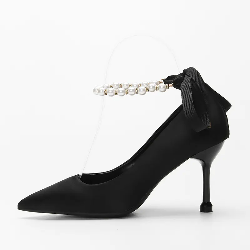 31-43 white high-heeled shoes with thin a word with the new 2021 shallow mouth bind butterfly pearl pointed single shoes