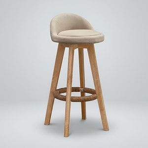 Modern Beige Upholstered Bar <b>Stool</b> with Curved Backrest Wooden Legs and Rope Footrest for Kitchen Cafe and Home Seating - Product Image 1