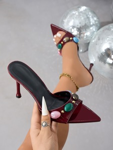 Bestselling Pointed-Toe Roman <b>Beaded</b> Women Sexy Stiletto-<b>Heel</b> <b>Sandals</b> Slip-On Cutout Stylish Black High <b>Heels</b> Pumps - Product Image 3