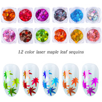 12 kotak/set Payet Seni Kuku Daun Maple Laser Musim Gugur Stiker Kuku Glitter Warna-warni Aksesori Kuku DIY