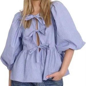 Rei Mcgreen Estrela Verão Venda Quente Elegante Listrado Impressão Bow Knot Decorar Camisa Mulheres Blusa Tops Roupas - Product Image 1