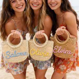 Straw <b>Bag</b> for Bridesmaid Gift, Summer Fashion Travel Beach Handbag, Custom Name <b>Basket</b>, Bachelorette Party Favors - Product Image 3