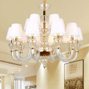 Lámpara de Araña Grande de Cristal LED Dorada con Pantallas de Tela Blanca para Sala de Estar, Estilo Americano Simple - Product Image 5