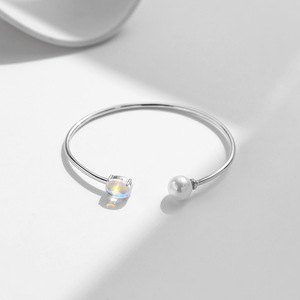 S925 <b>Silver</b> <b>Cuff</b> <b>Bracelet</b> With Freshwater Pearl And Opal Stone Minimalist Design For Women Everyday Wear - Product Image 5