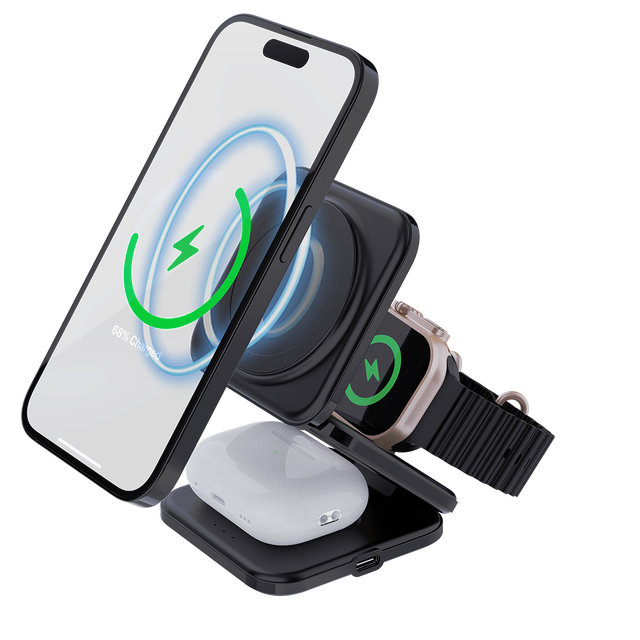 15W 3 in 1 Magnetic Wireless Charger Stand for Iphone 12 13 Pro Max for Apple Watch Fast Charging Dock Station for earphone