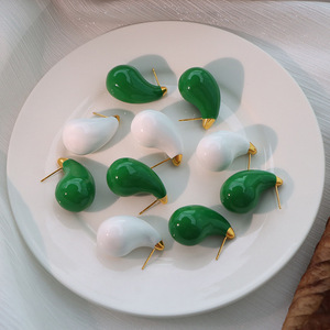 Water Drop <b>Stud</b> Earrings Green White Teardrop Shape <b>Titanium</b> Steel Zinc Alloy EH128 Fashion Jewelry - Product Image 2