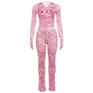 77542 Pink Body Conjuntos de 2 piezas para mujer Estampado de leopardo Chaqueta con capucha de manga larga Pantalones acampanados Otoño Cheetah Outftis Chándales - Product Image 6