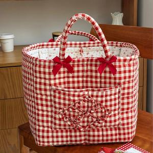 Nouvel Arrivage Panier de Rangement en Coton Rouge à Carreaux avec Nœud, Esthétique, pour Articles Divers, Portable, Panier à Linge - Product Image 1